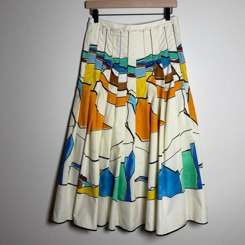 Zara Womens 100% Cotton Skirt M Artsy Multicolor Abstract Print Pleated Midi